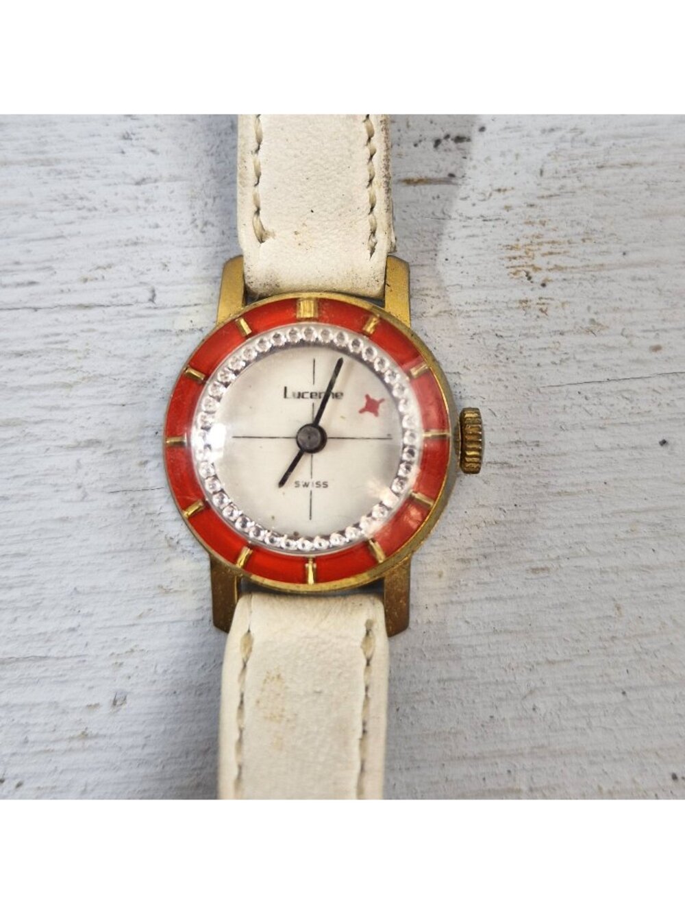 Vintage Lucerne Swiss Made Ladies Watch Red Lucite Light up Bezel Leather Band